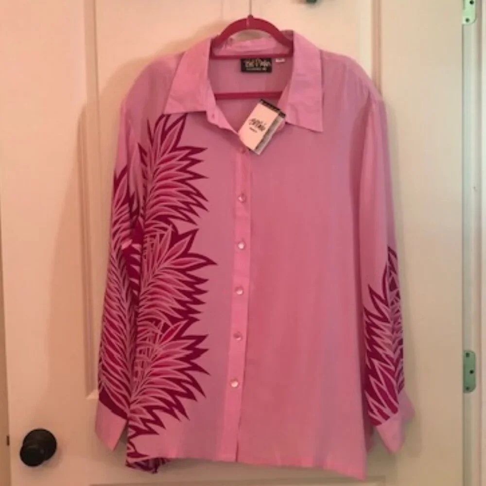 NWT Vintage Bob Mackie 100% Silk Wearable Art Pink Palms Blouse Shirt Size XL - Picture 6 of 12